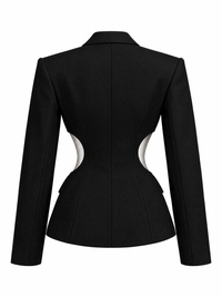 女性用サーキット001ブレザーブラック — 純白の背景に孤立した背面ビュー、デジタルデザインコンセプトレンダリング。