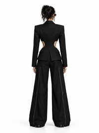 MODEL 05 — NYRA | Women's CIRCUIT 001 LOOK 01, full outfit back view highlighting Tailored Slacks 001 against a seamless white background; digital concept render.